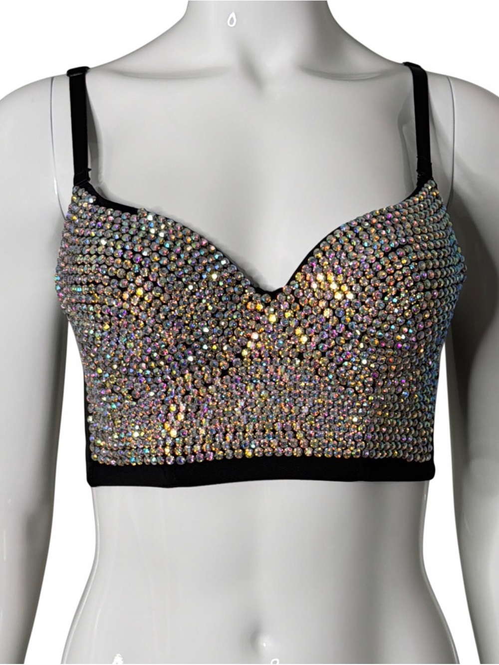 Women’s Rhinestone Crystal Embellished Black Crop Bralette Rave Top 36/80